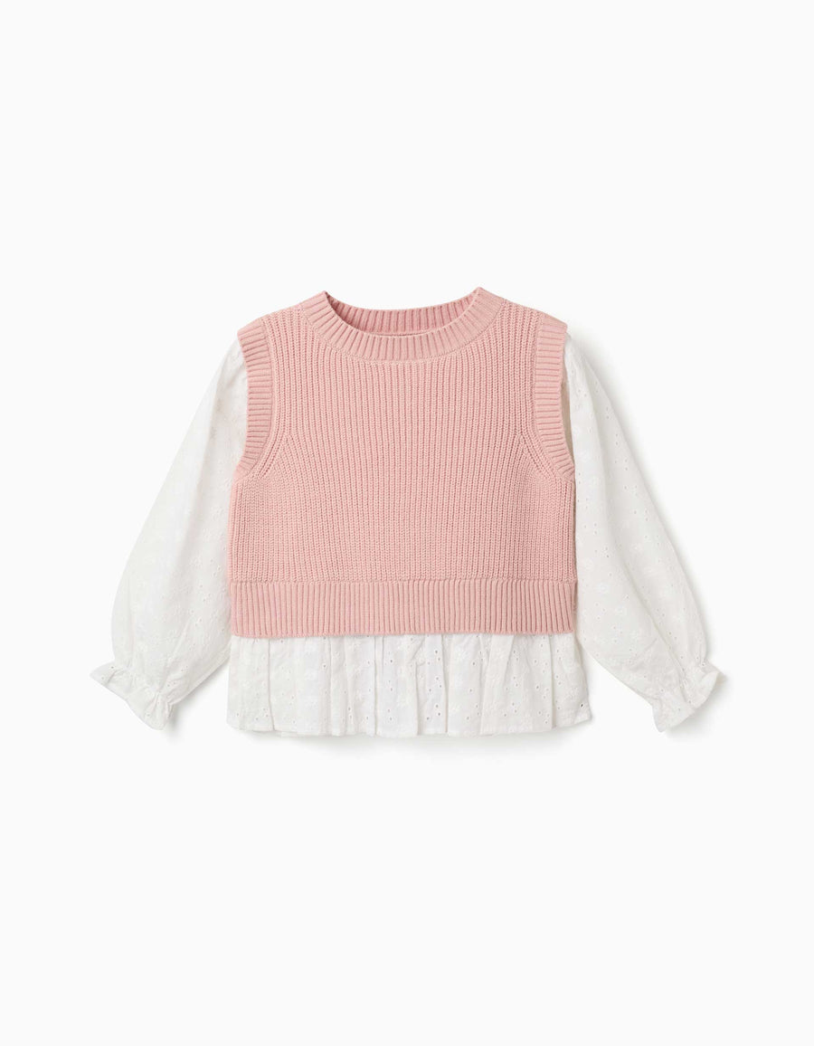 Dual-fabric jumper for girls, white/light pink
