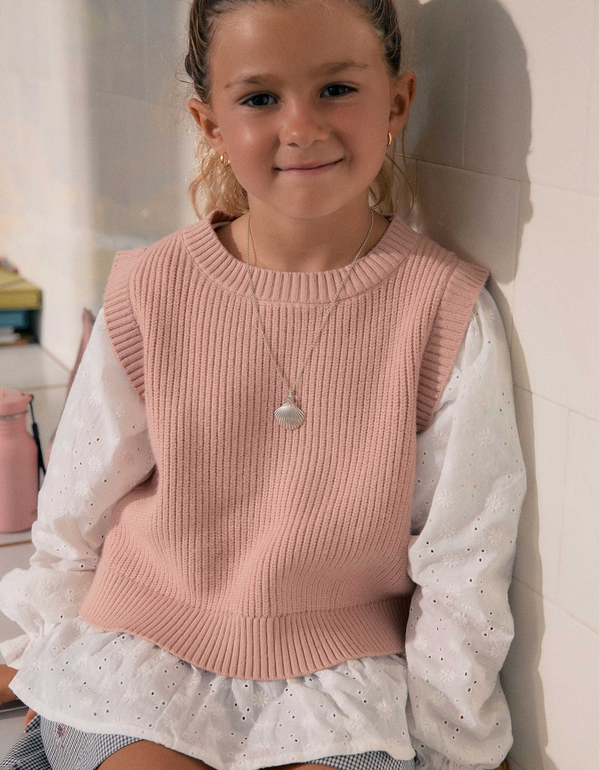 Pull bi-matière pour fille, blanc/rose clair