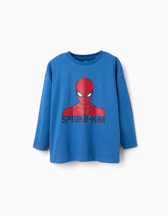 T-shirt de manga comprida em algodão Spider-Man para menino, azul