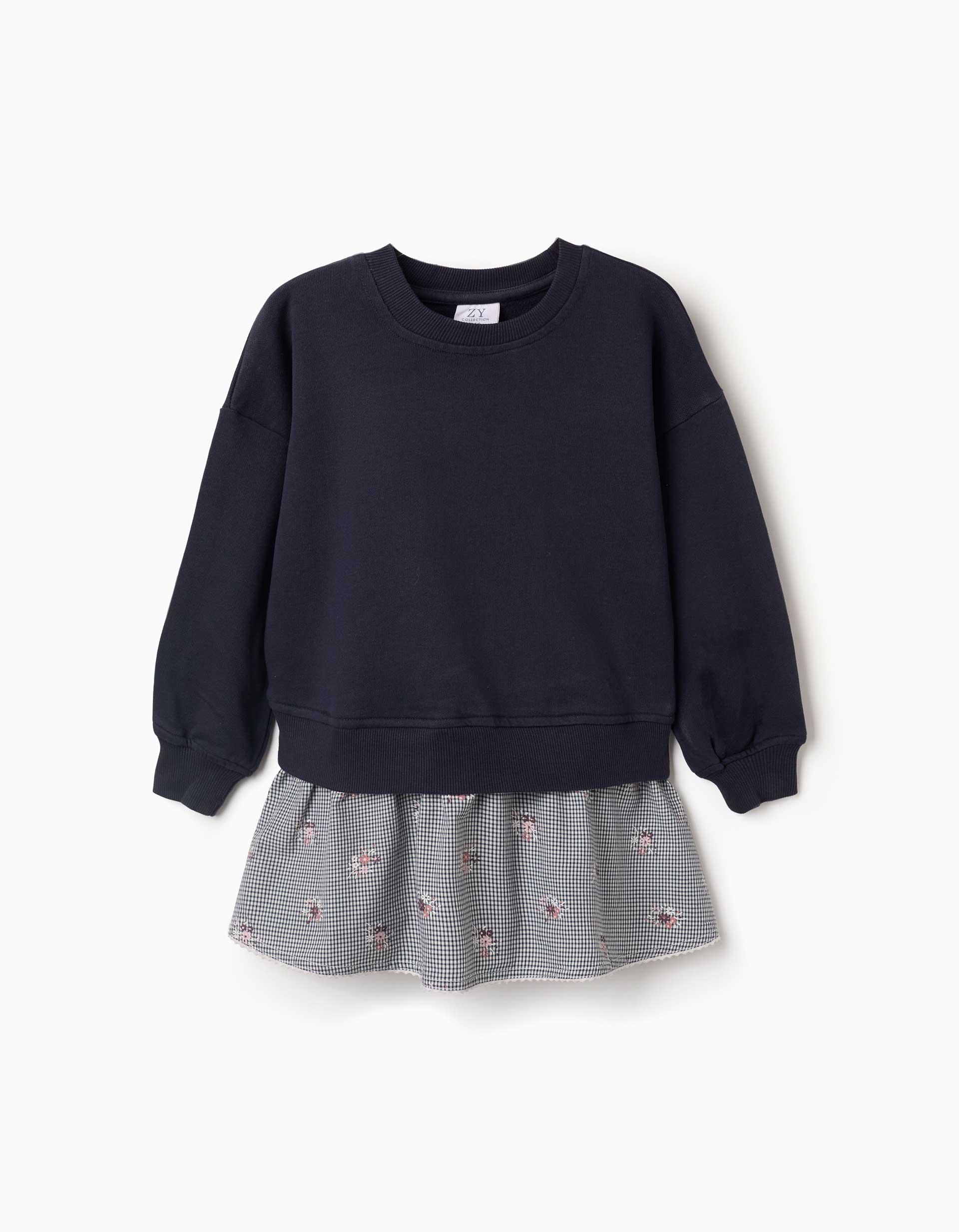 Vestido combinado em algodão com padrão Vichy para menina, azul-marinho
