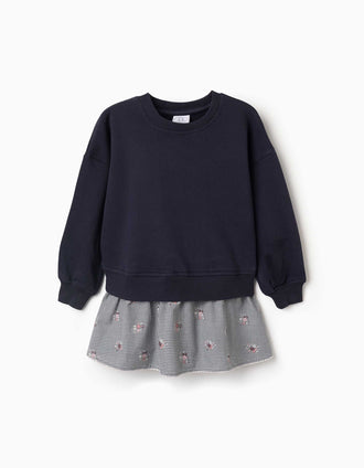 Vestido combinado em algodão com padrão Vichy para menina, azul-marinho