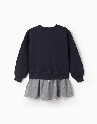 Vestido combinado em algodão com padrão Vichy para menina, azul-marinho