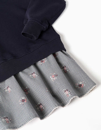 Vestido combinado em algodão com padrão Vichy para menina, azul-marinho