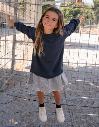 Dual-fabric cotton dress with gingham pattern for girls, navy blue
