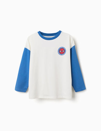 T-shirt de manga comprida de algodão Spider-Man para menino, branco/azul