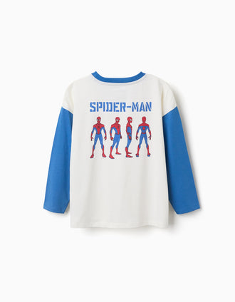 T-shirt de manga comprida de algodão Spider-Man para menino, branco/azul