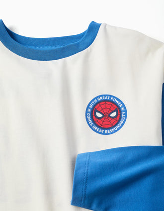 T-shirt de manga comprida de algodão Spider-Man para menino, branco/azul