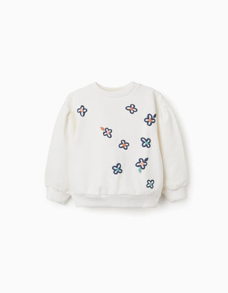 Sweat cardada com estampado floral em relevo para menina, branco