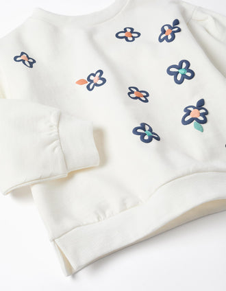 Sweat cardada com estampado floral em relevo para menina, branco