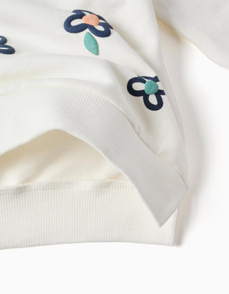 Sweat cardada com estampado floral em relevo para menina, branco