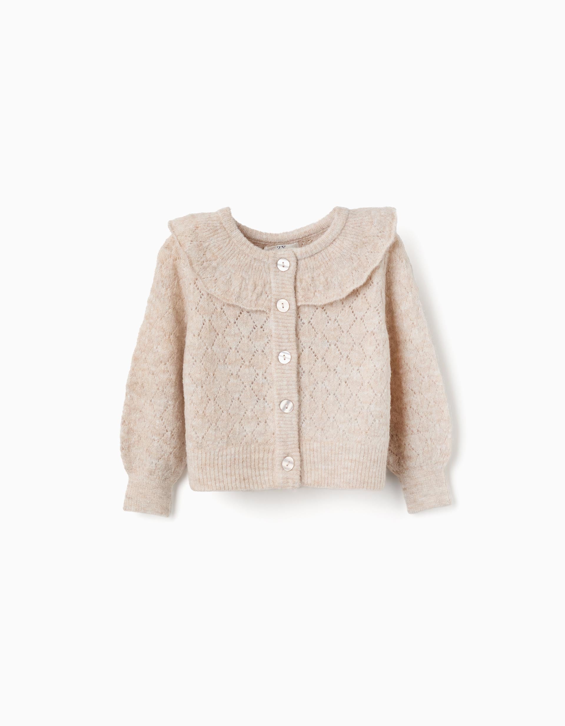 Openwork knit jacket with ruffle collar for baby girls, beige