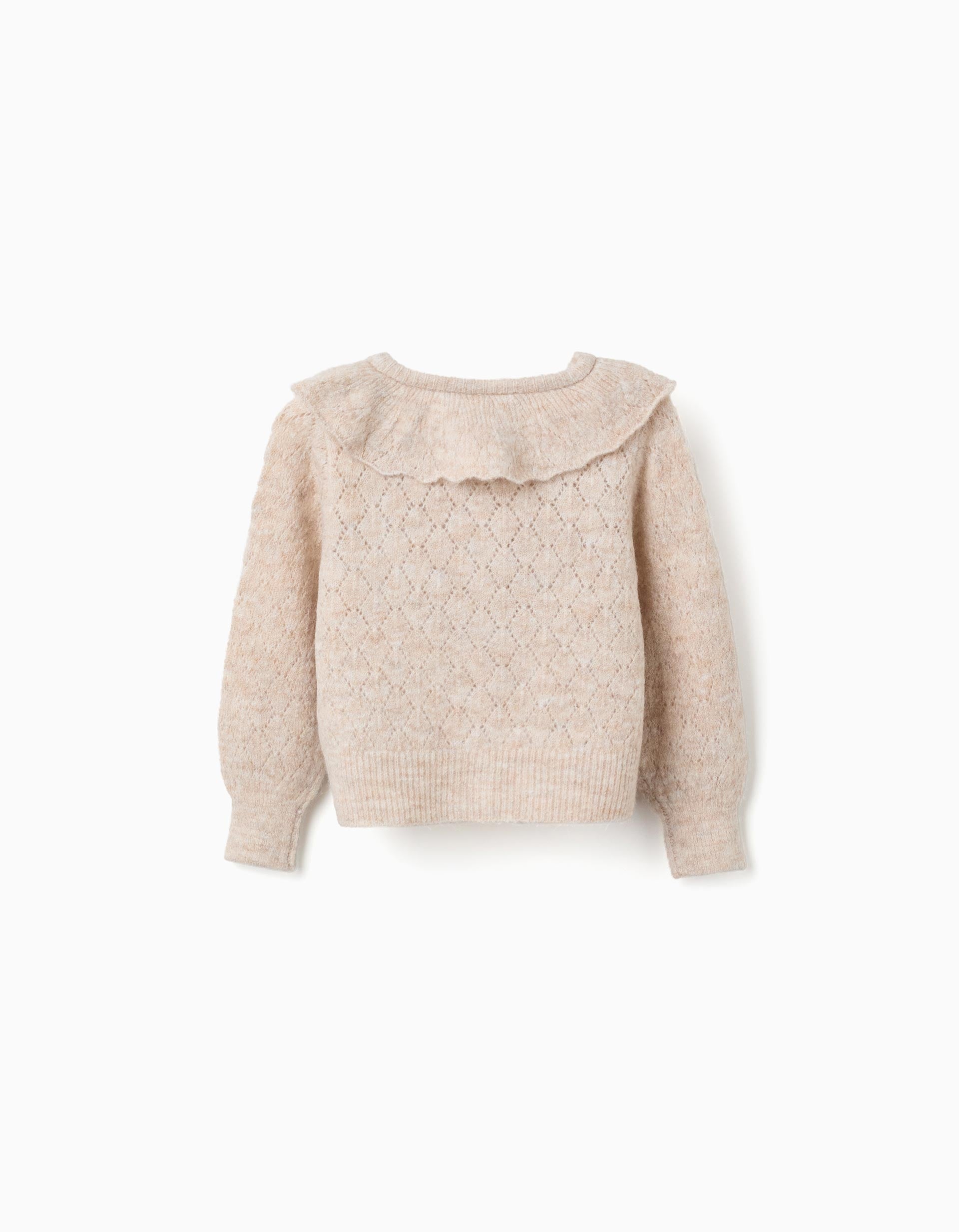 Openwork knit jacket with ruffle collar for baby girls, beige