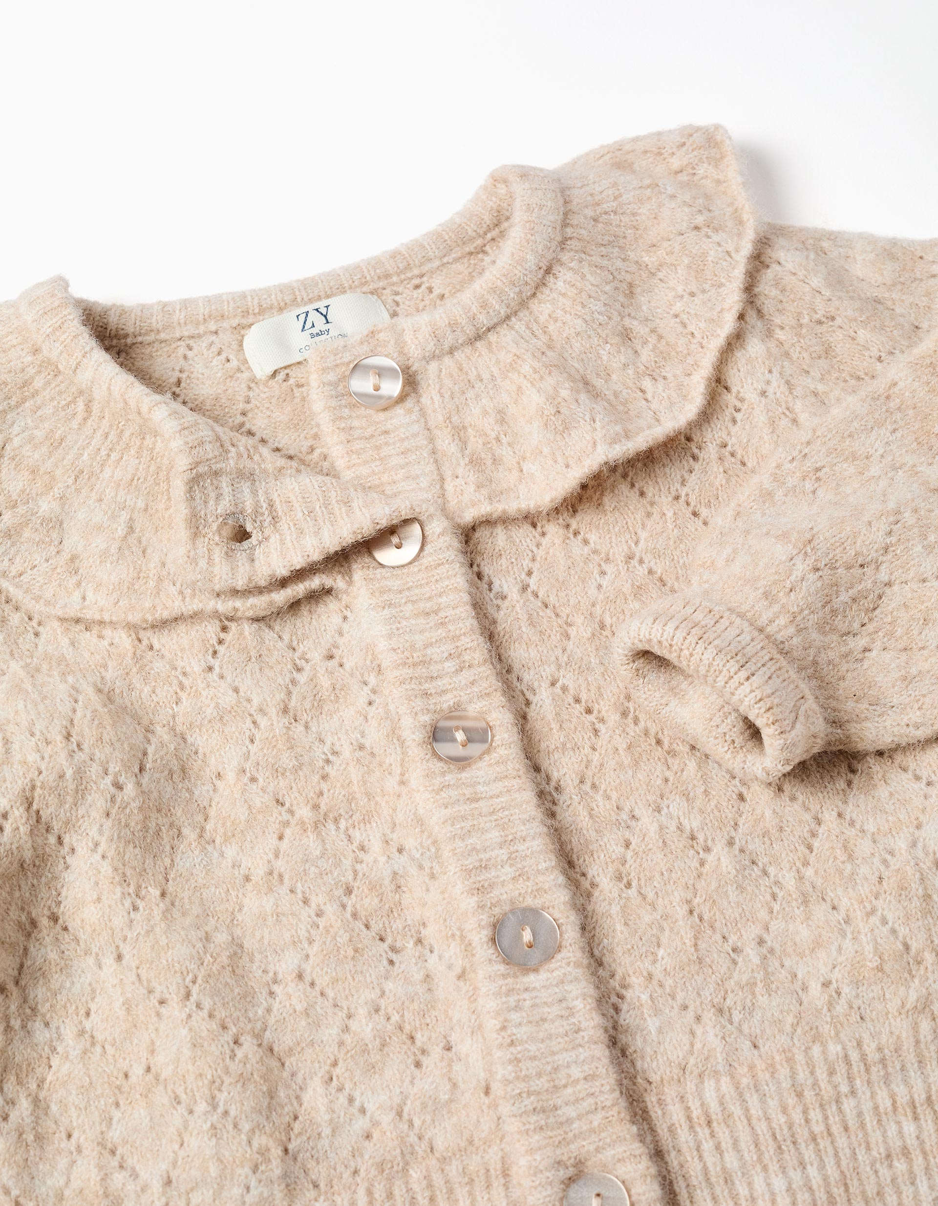 Openwork knit jacket with ruffle collar for baby girls, beige
