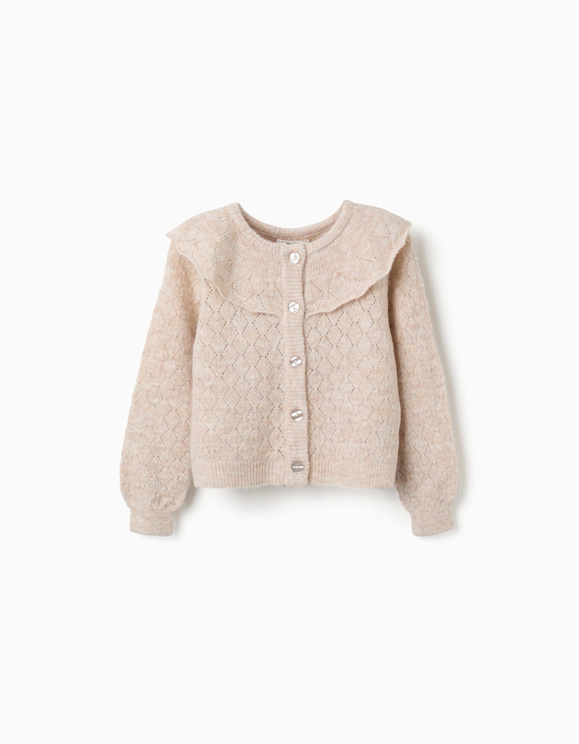 Casaco de malha ajurada com gola de folhos para menina, bege