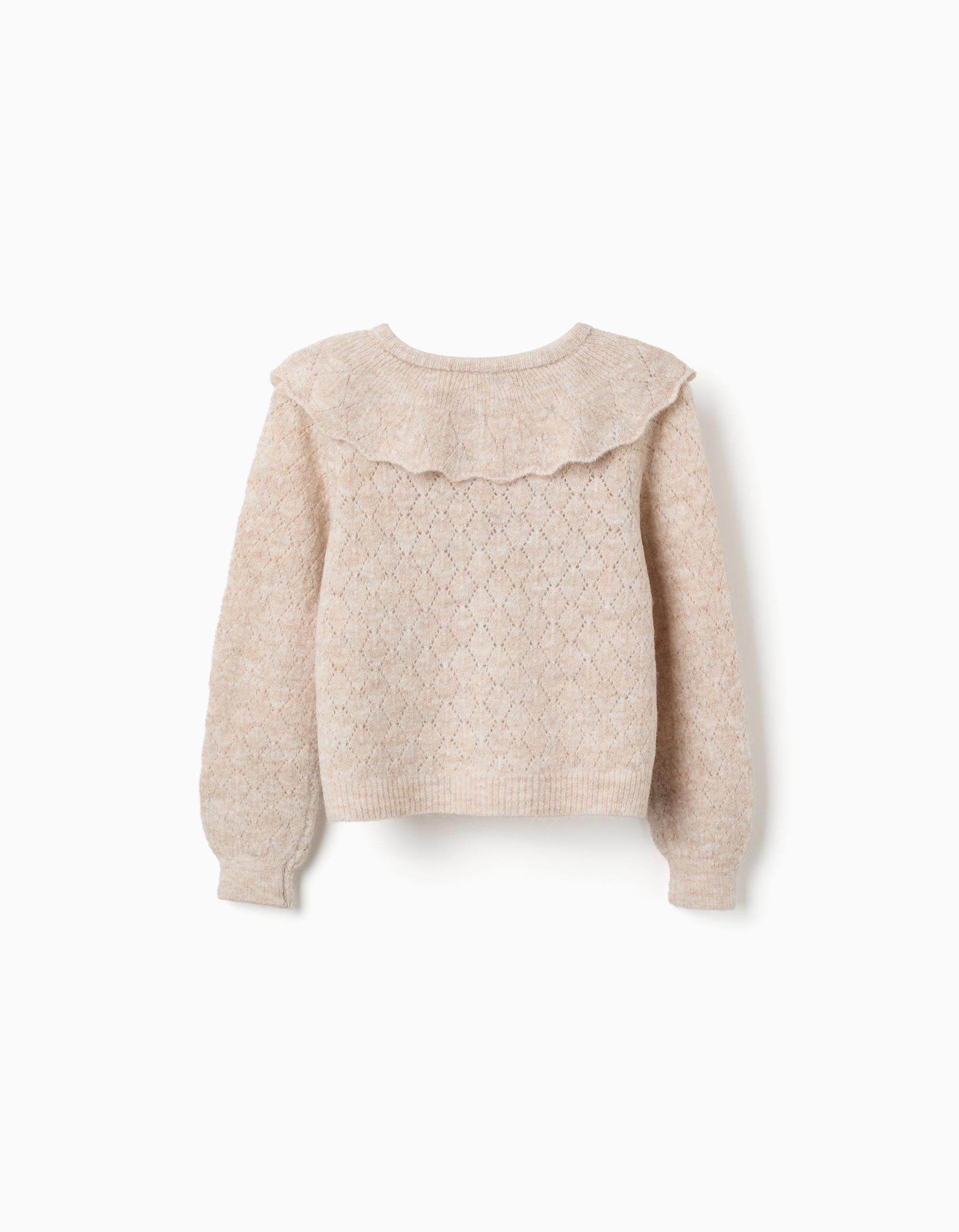 Casaco de malha ajurada com gola de folhos para menina, bege