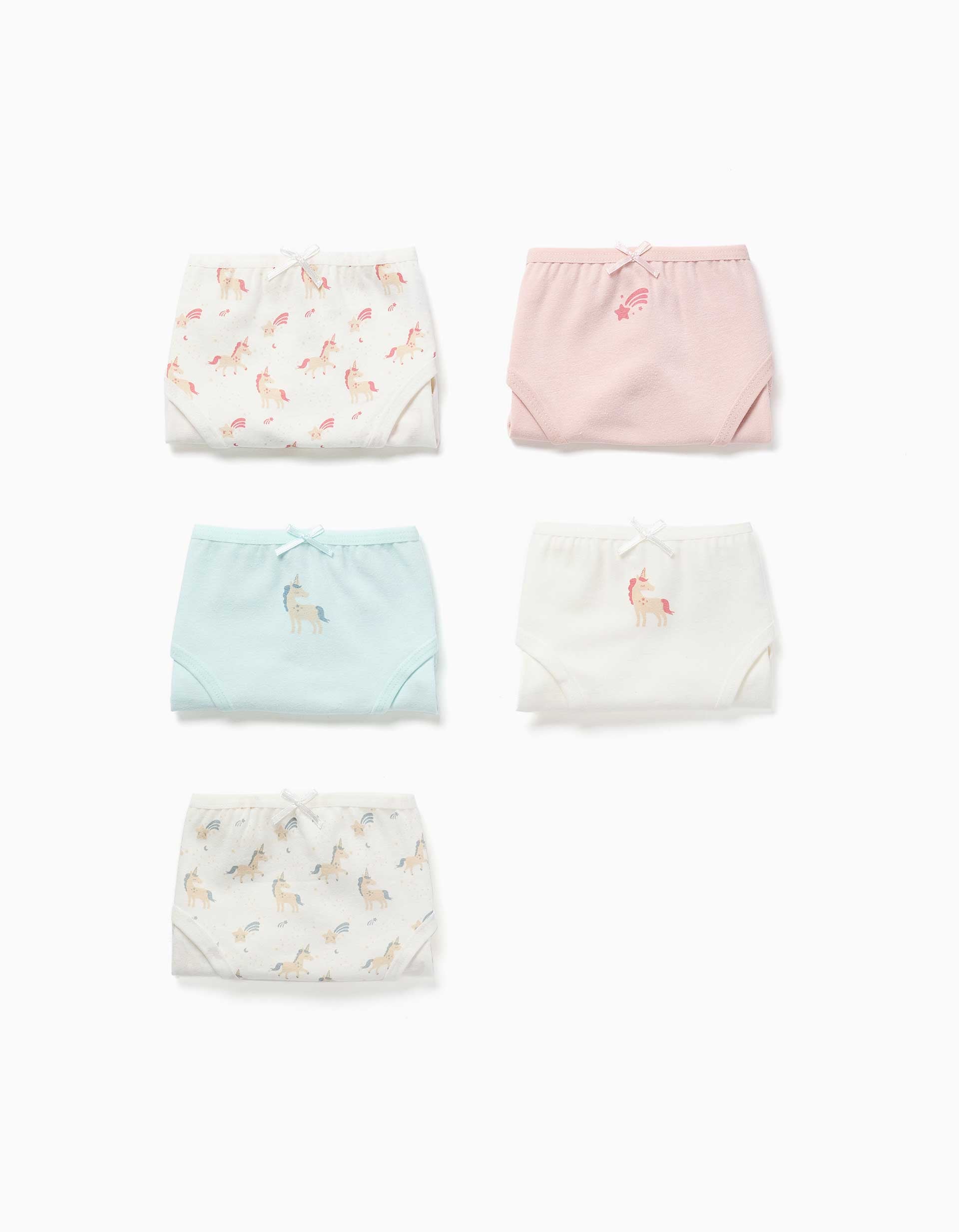 Lot de 5 culottes en coton avec licornes pour fille, blanc/bleu/rose