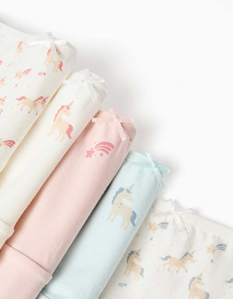 Lot de 5 culottes en coton avec licornes pour fille, blanc/bleu/rose