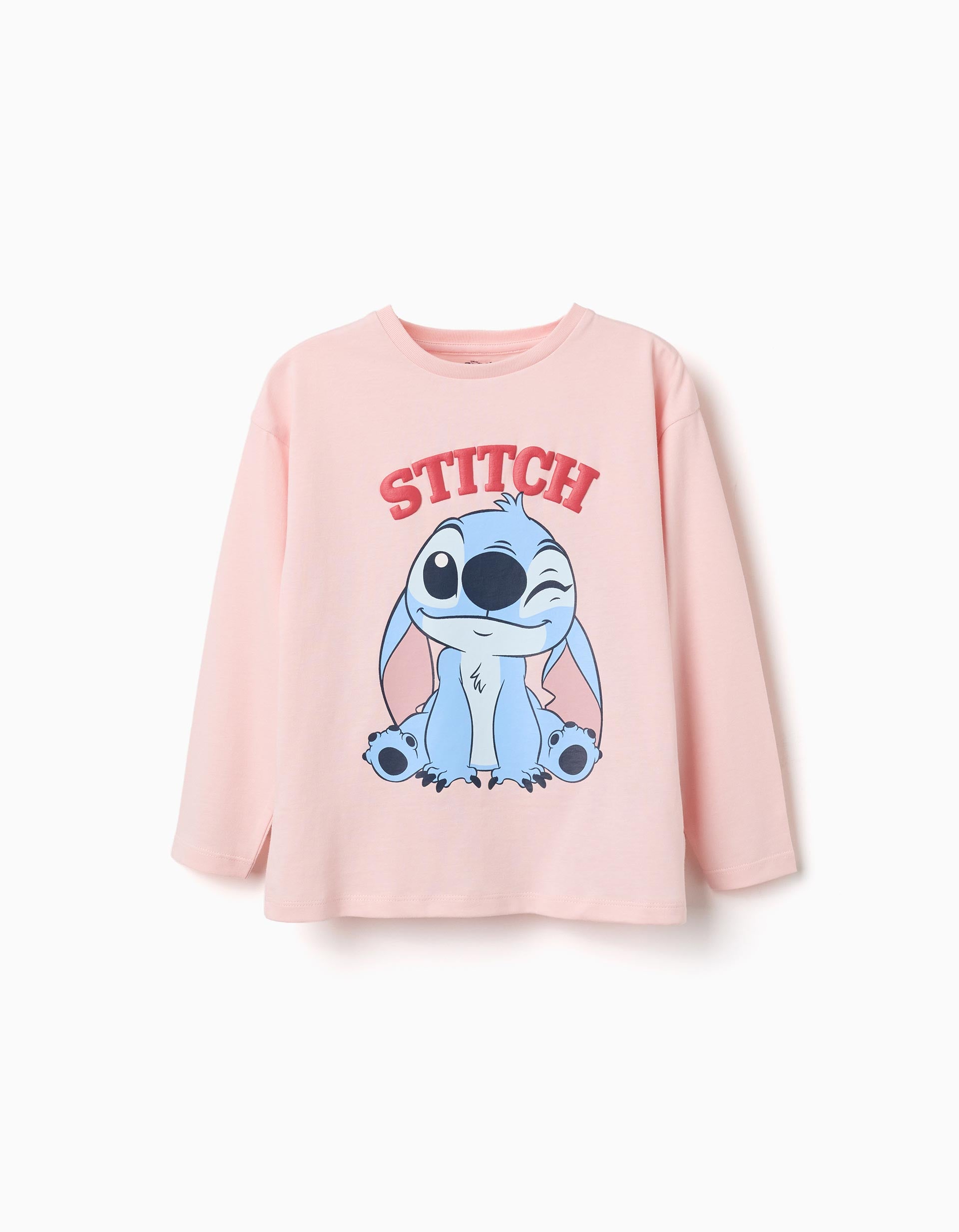 T-shirt de manga comprida de algodão Stitch para menina, rosa-claro