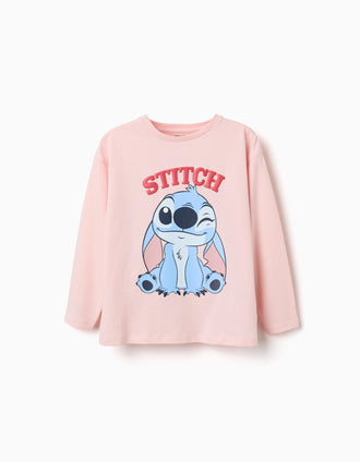 T-shirt de manga comprida de algodão Stitch para menina, rosa-claro