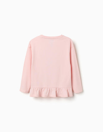 T-shirt de manga comprida de algodão Stitch para menina, rosa-claro