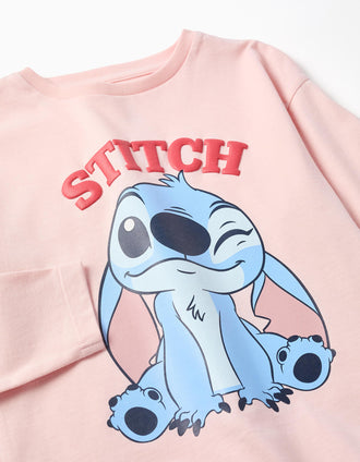 T-shirt de manga comprida de algodão Stitch para menina, rosa-claro