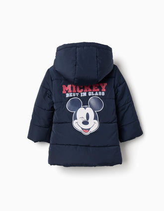 Casaco acolchoado com capuz Mickey para bebé e menino, azul-marinho