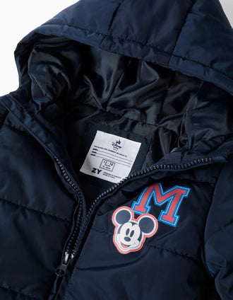 Casaco acolchoado com capuz Mickey para bebé e menino, azul-marinho