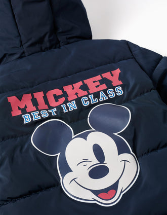 Casaco acolchoado com capuz Mickey para bebé e menino, azul-marinho