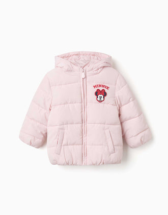 Hooded puffer jacket with Minnie print for babies and girls, light pink