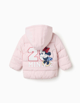 Hooded puffer jacket with Minnie print for babies and girls, light pink