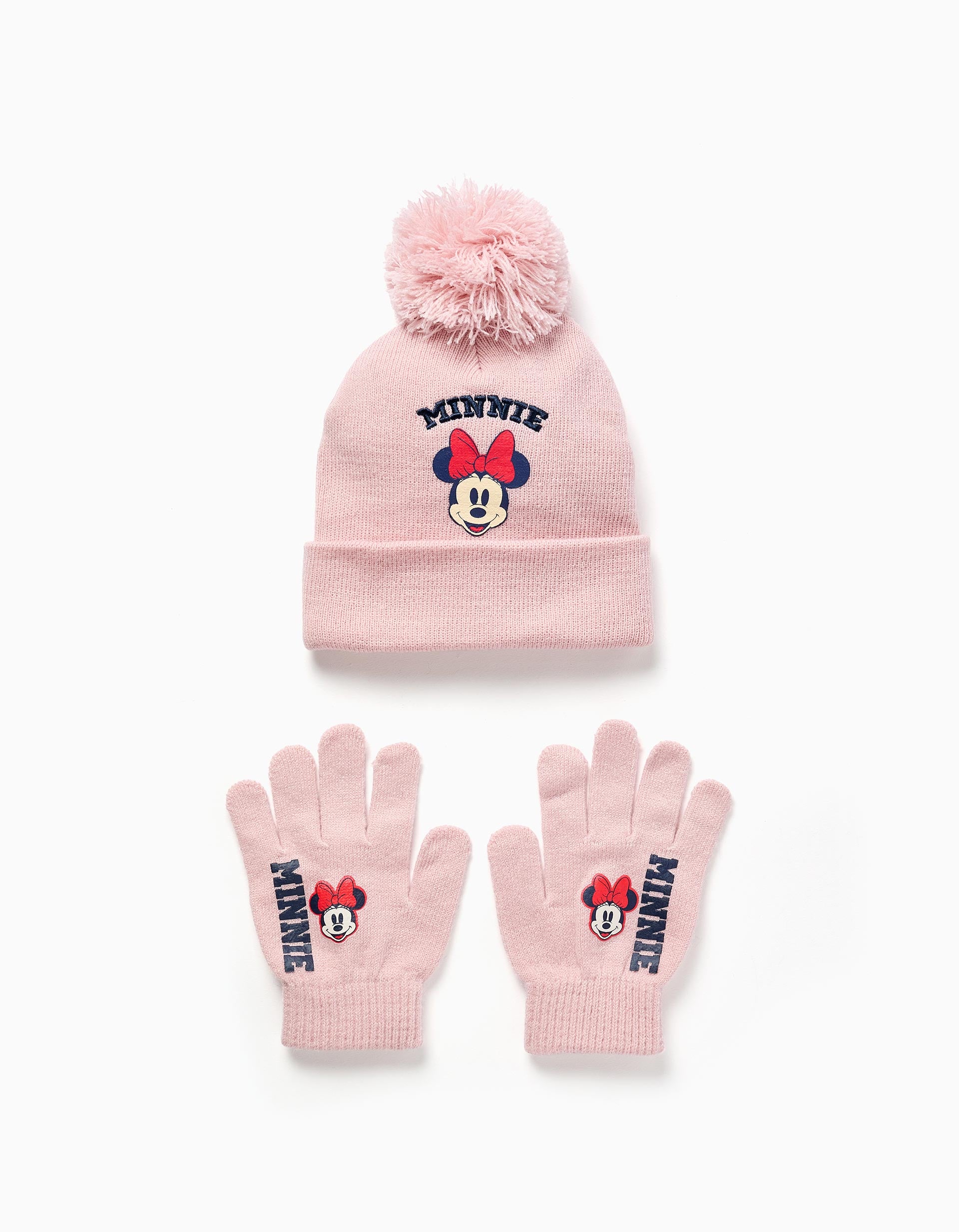 Gorro e luvas de malha com estampado Minnie para bebé e menina, rosa