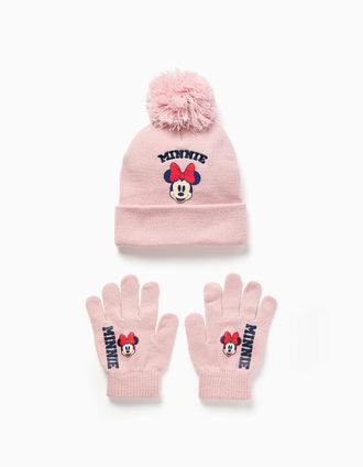 Gorro e luvas de malha com estampado Minnie para bebé e menina, rosa