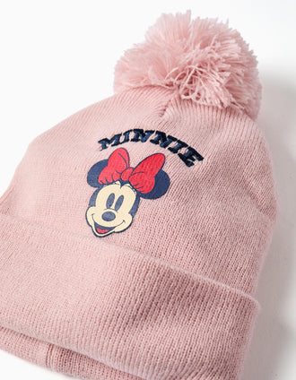 Gorro e luvas de malha com estampado Minnie para bebé e menina, rosa