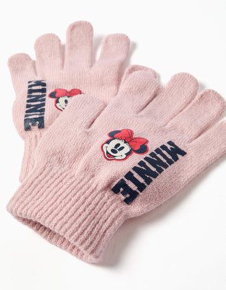 Gorro e luvas de malha com estampado Minnie para bebé e menina, rosa