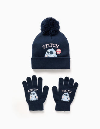 Gorro e luvas de malha com estampado Stitch para menina, azul-marinho