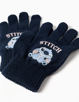 Gorro e luvas de malha com estampado Stitch para menina, azul-marinho