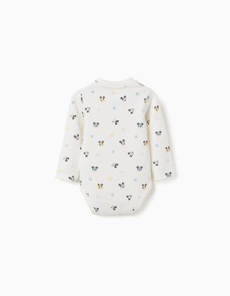 Long sleeve bodysuit with Mickey motif for newborn boys, white