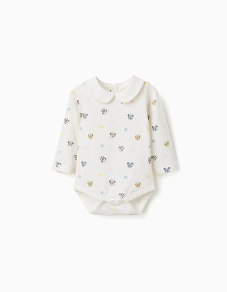 Long sleeve bodysuit with Minnie motif for newborn girls, white