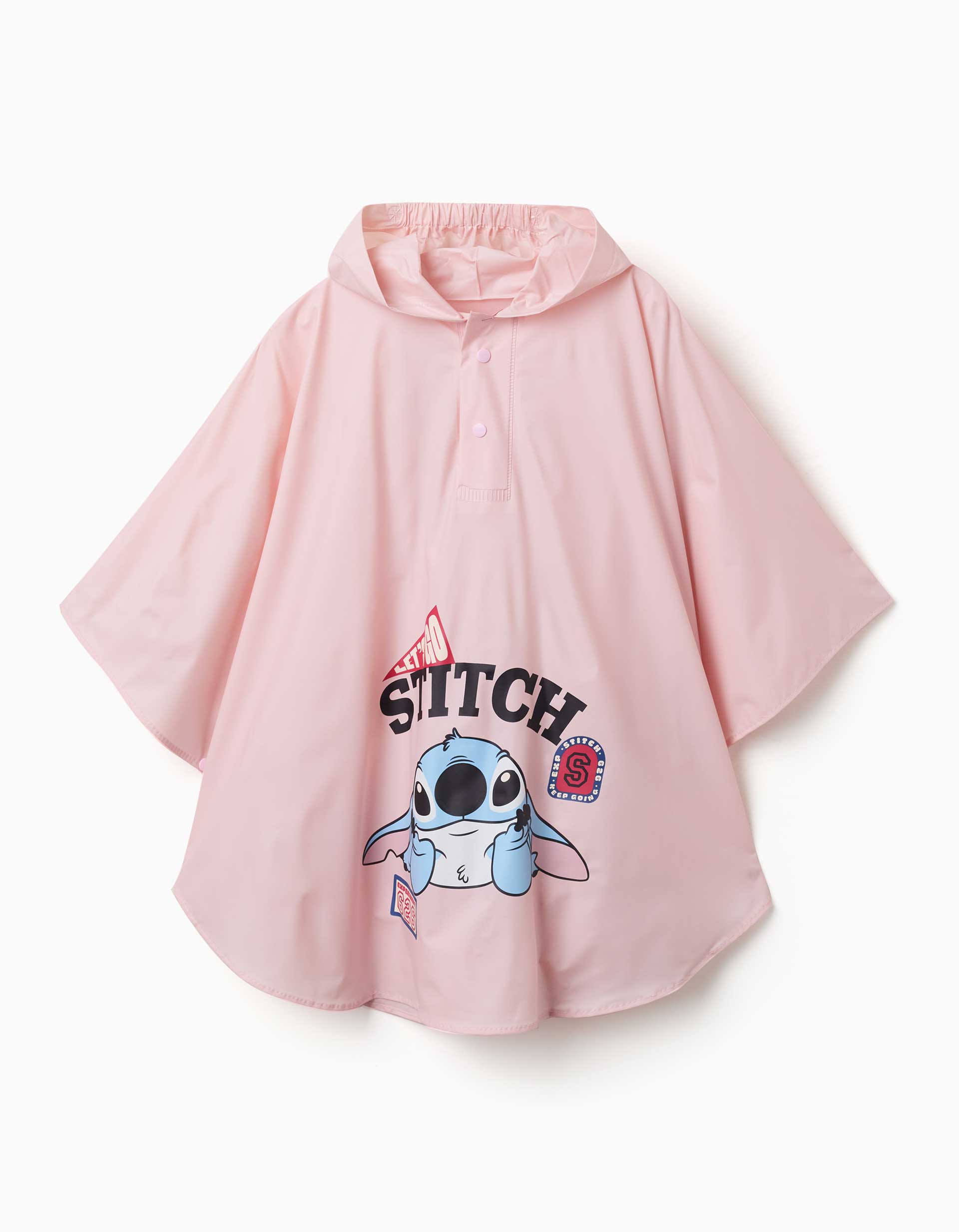 Poncho de chuva com capuz e estampado Stitch para bebé e menina, rosa