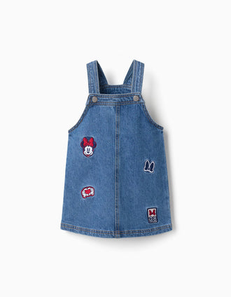 Saia de peito de ganga com bordados Minnie para bebé e menina, azul