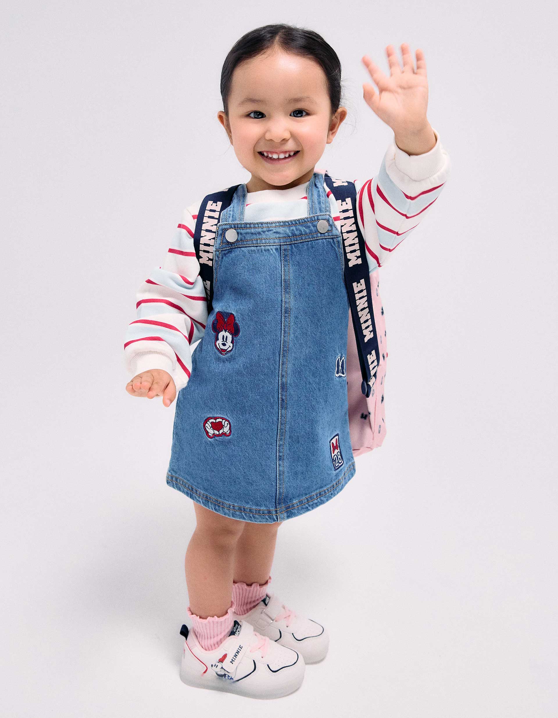 Saia de peito de ganga com bordados Minnie para bebé e menina, azul