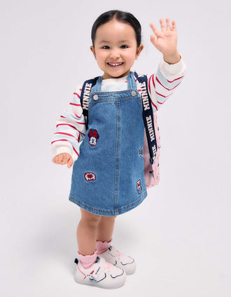 Saia de peito de ganga com bordados Minnie para bebé e menina, azul