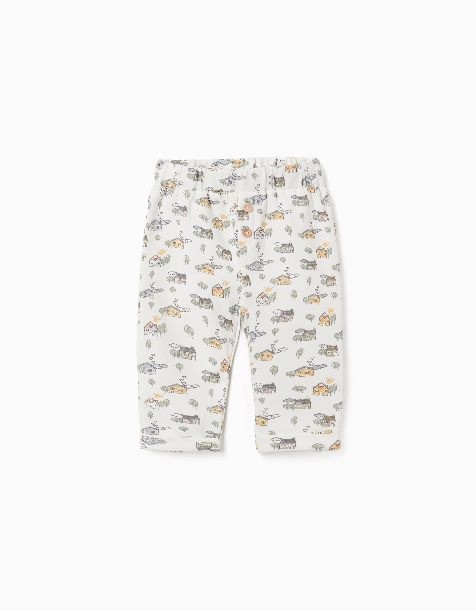Brushed trousers with house and tree motif for newborns, white