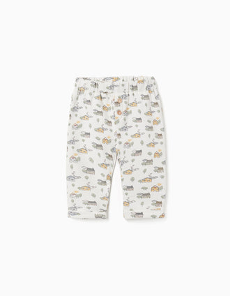 Brushed trousers with house and tree motif for newborns, white