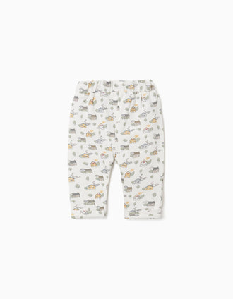 Brushed trousers with house and tree motif for newborns, white