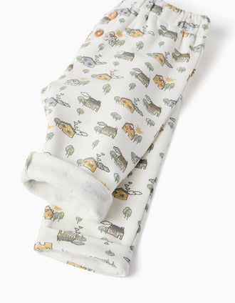 Brushed trousers with house and tree motif for newborns, white
