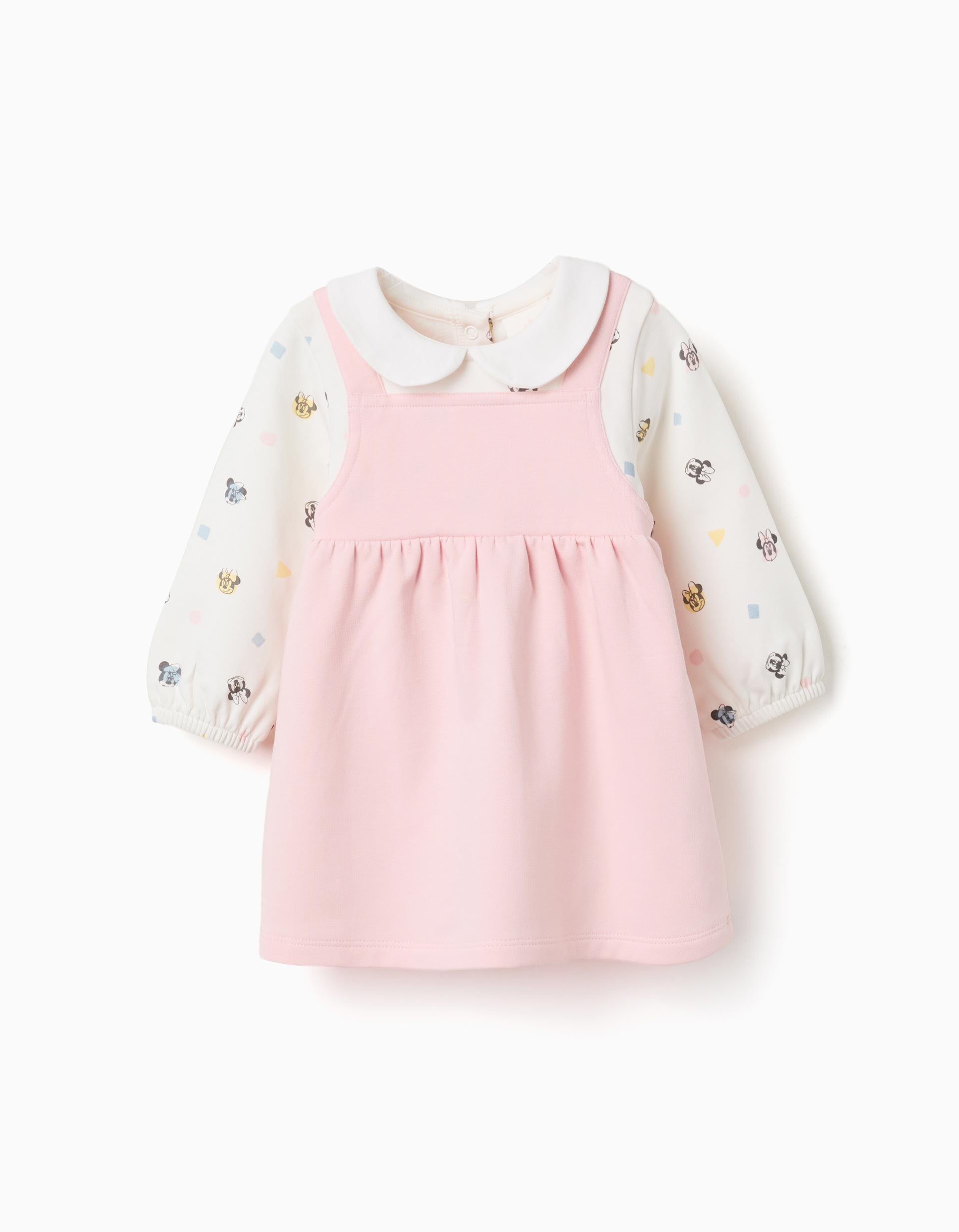 Vestido de manga comprida cardado Minnie para recém-nascida, branco/rosa