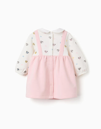 Vestido de manga comprida cardado Minnie para recém-nascida, branco/rosa