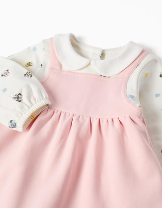 Vestido de manga comprida cardado Minnie para recém-nascida, branco/rosa