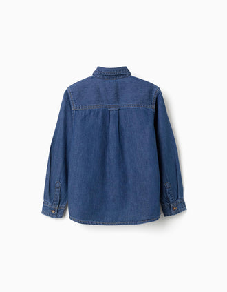 Chemise à manches longues en jean avec poche poitrine pour garçon, bleu